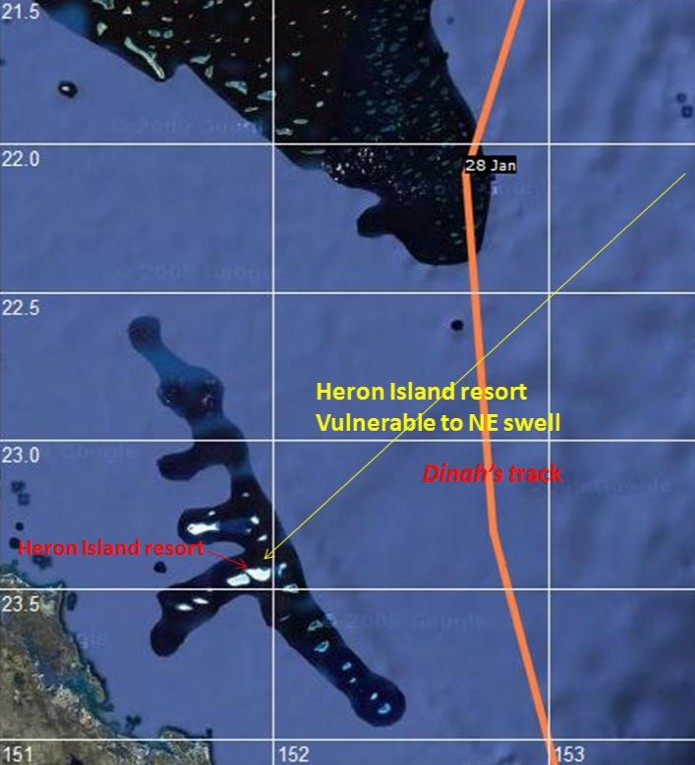 Location of Heron Island and track of Cyclone Dinah.